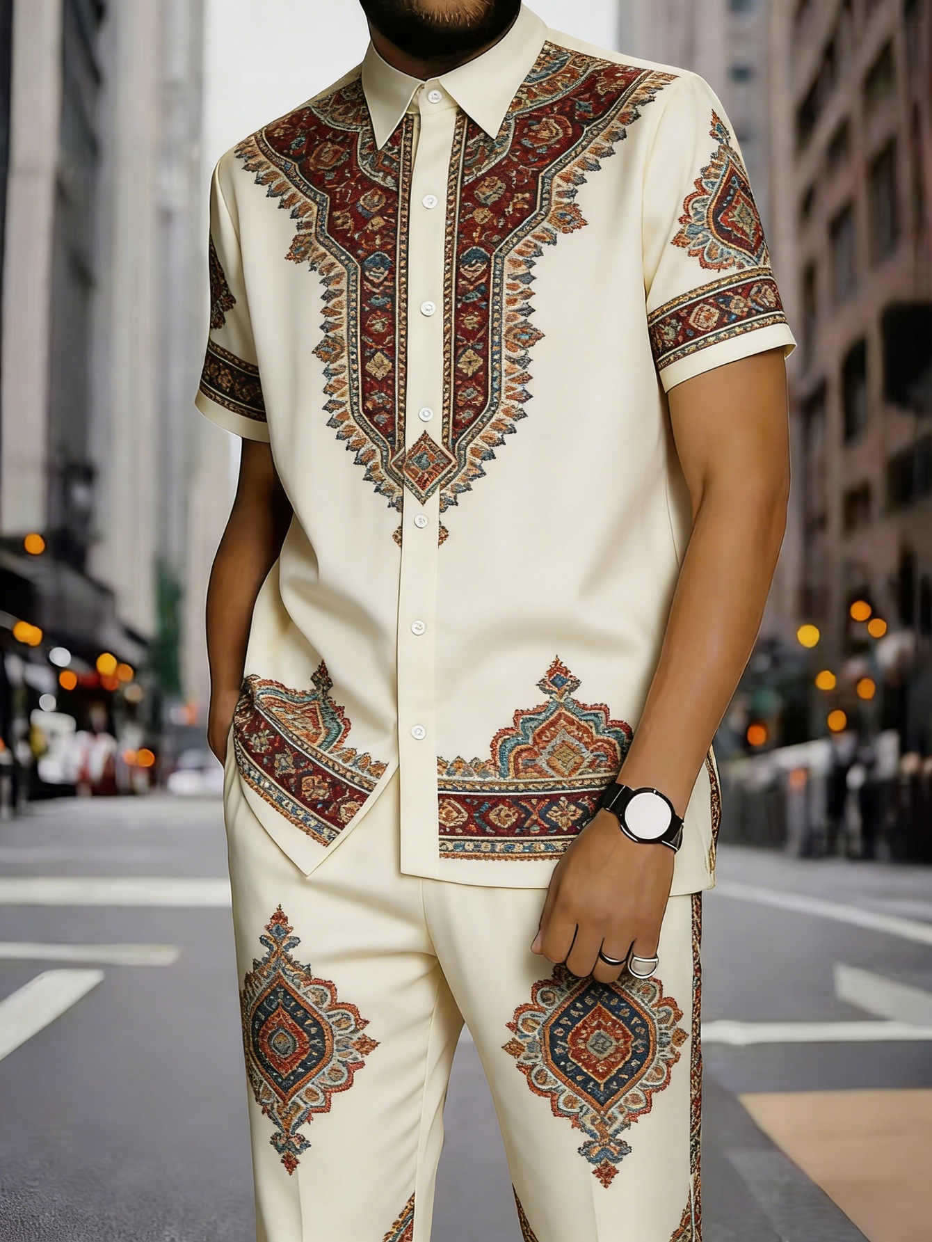 Men's Clothing Men's Commuter Style Short Sleeve Shirt And Shorts Set Collared Geometric Print Spring Summer_viptrois.com