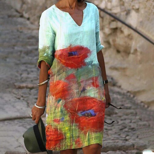  Summer New Floral Print Rendering Fashion V-Neck Short Sleeve Mid-Waist Tunic A-Line Dress for Women