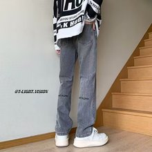 跨境批发烟灰色水洗复古牛仔裤情侣潮牌刺绣美式休闲宽松直筒长裤