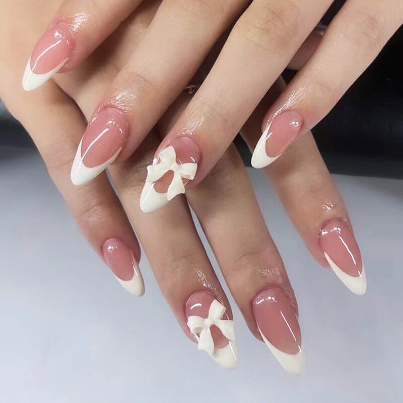 Almond False Nails White Band Nail Gel Reusable Nail Stick Press On Nails Almond Almond False Nails White Band Nail Gel Reusable Nail Stick Press On Nails Almond