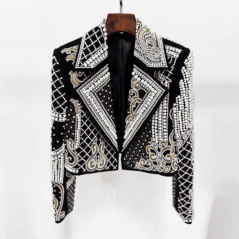 European and American Heavy-Duty Embroidery Beaded Rhinestone Short Jacket Women's Turn-Down Collar Long-Sleeve Blazer Cardigan Top Suit