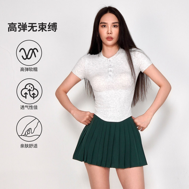 New Arrival Henley Short-Sleeve Shirt Women's High Elastic Rib Knitted V-Neck T-Shirt Slim-Fit Yoga Clothes Button Sports Base Shirt for Summer New Arrival Henley Short-Sleeve Shirt Women's High Elastic Rib Knitted V-Neck T-Shirt Slim-Fit Yoga Clothes Button Sports Base Shirt for Summer