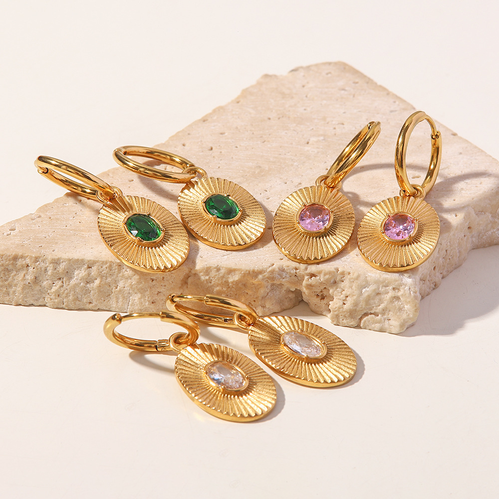 Vintage Style Round Stainless Steel Inlay Zircon Earrings 1 Pair