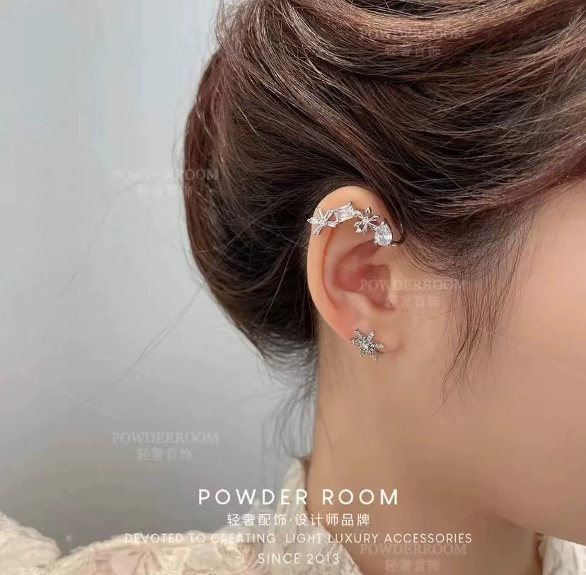 Zirconium, small design universal ear clips, cute earrings, flowered, with snowflakes, simple and elegant design, no pierced ears
