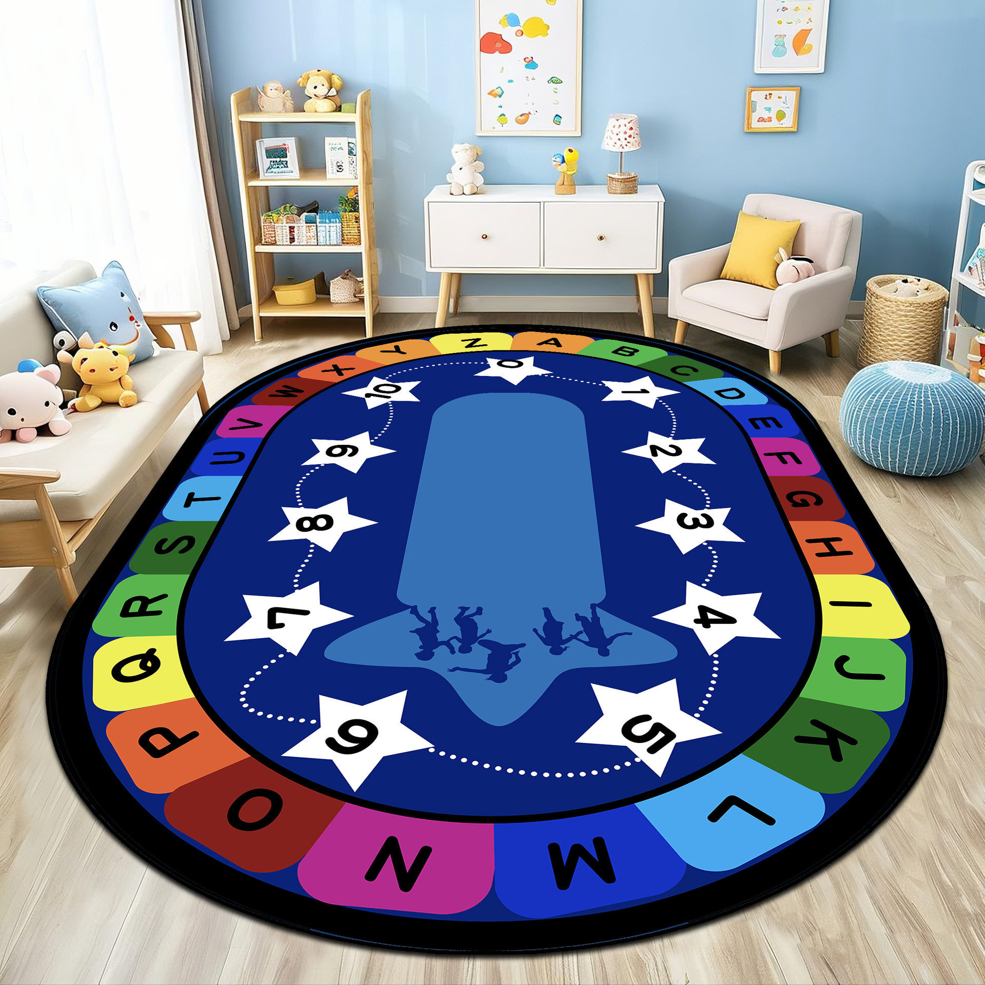 Bolalar bog'chasi bolalar o'yin gilamchasi, erta ta'lim markazi alifbo gilamchasi, o'qish maydoni bolalar xonasi raqami uchun hopscotch gilamchasi