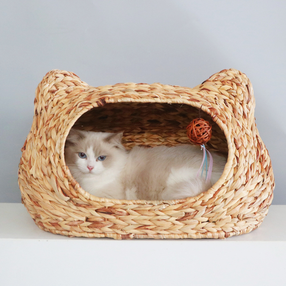 Lavable ratán gato nido cuatro estaciones universal gato jaula perrera suministros para mascotas tejido a mano semi-cerrado gato nido