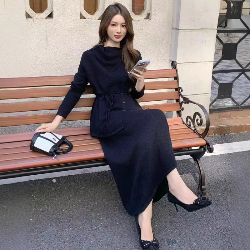 秋冬新款设计感慵懒风套装女宽松系带针织衫上衣＋半身裙两件套|undefined