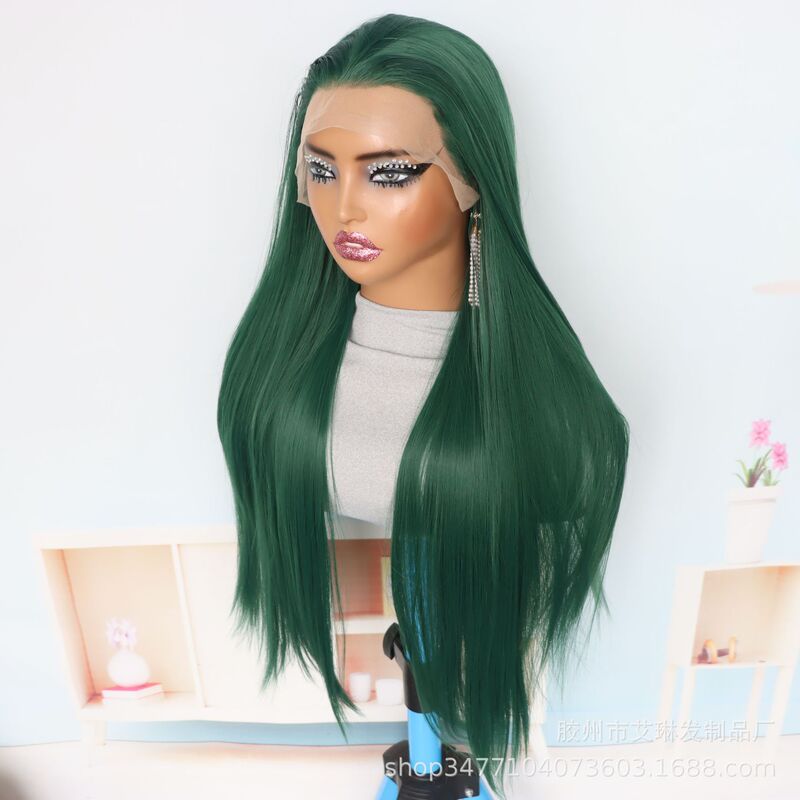 Cross-Border Wig Women's Front Lace Dark Green Long Straight Hair Synthetic Fiber High Temperature Silk Cos13*4 Front Lace Wig