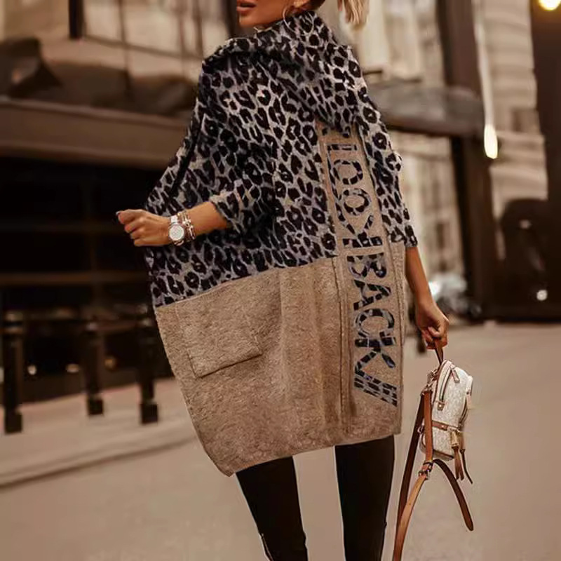 European and American Street Loose Leopard Print Letter Jacquard Casual Hoodie Mid-Length Export Women's Sweater Cardigan for Women