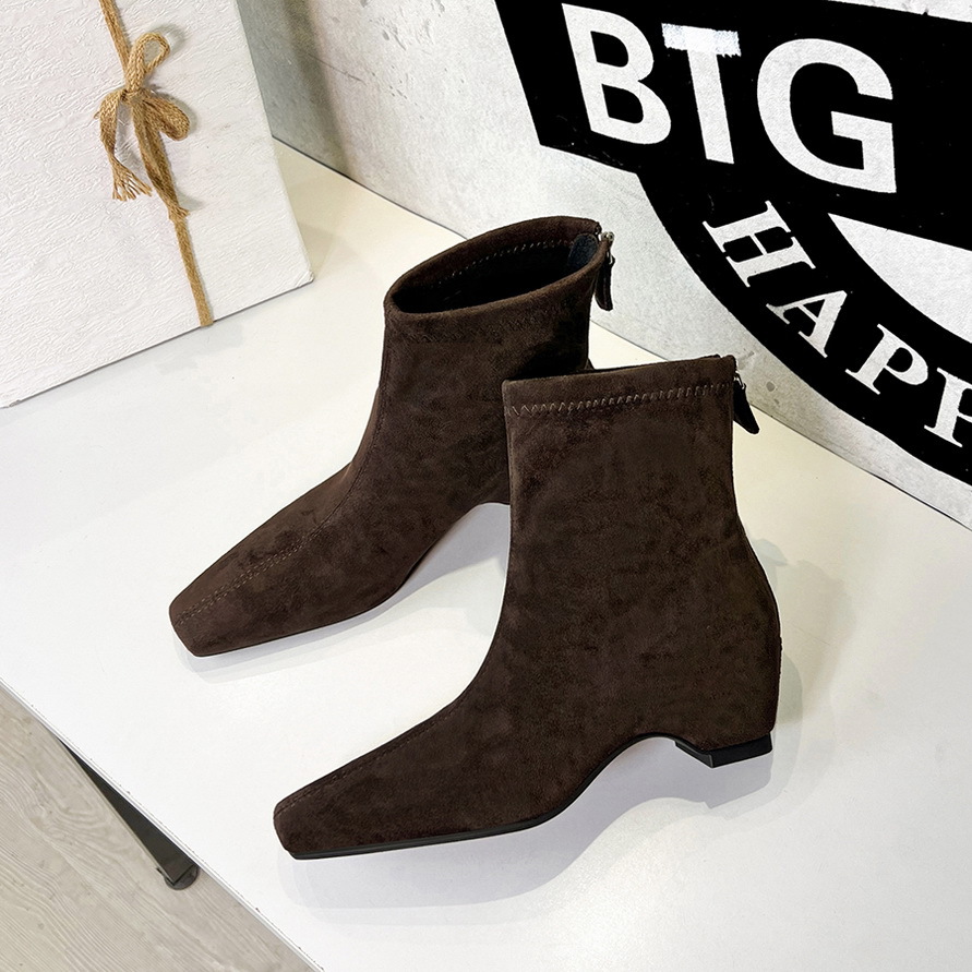 2323-1 Vintage British Style Square-Toed Ankle For Women, Suede, Back Zipper, Height-Increasing, Fashionable Stretch_vogvips.com