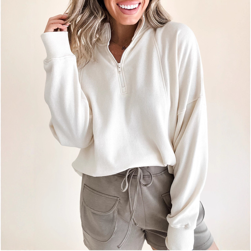 Shiying Pure Color Casual Sweatshirt Women's Fleece Pullover Long-Sleeved Knitted Top European and American Cross-Border Women's New Style