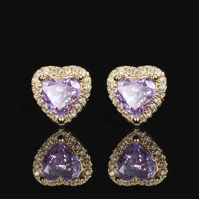 Otoño e invierno nuevo estilo Zhuang Shengsheng joyería con alto contenido de carbono diamante flor de hielo corte diamante púrpura cobre con incrustaciones de corazón juego 10*10-6*6