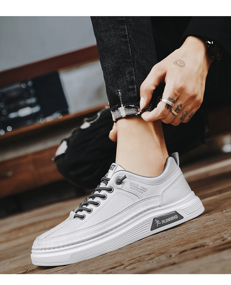 Vyriški bateliai „Board“, balti, skirti studentams, 2024 m. rudens nauji žemi plokščiapadžiai vyriški batai, odiniai sportiniai ir laisvalaikio madingi batai._voghion.com