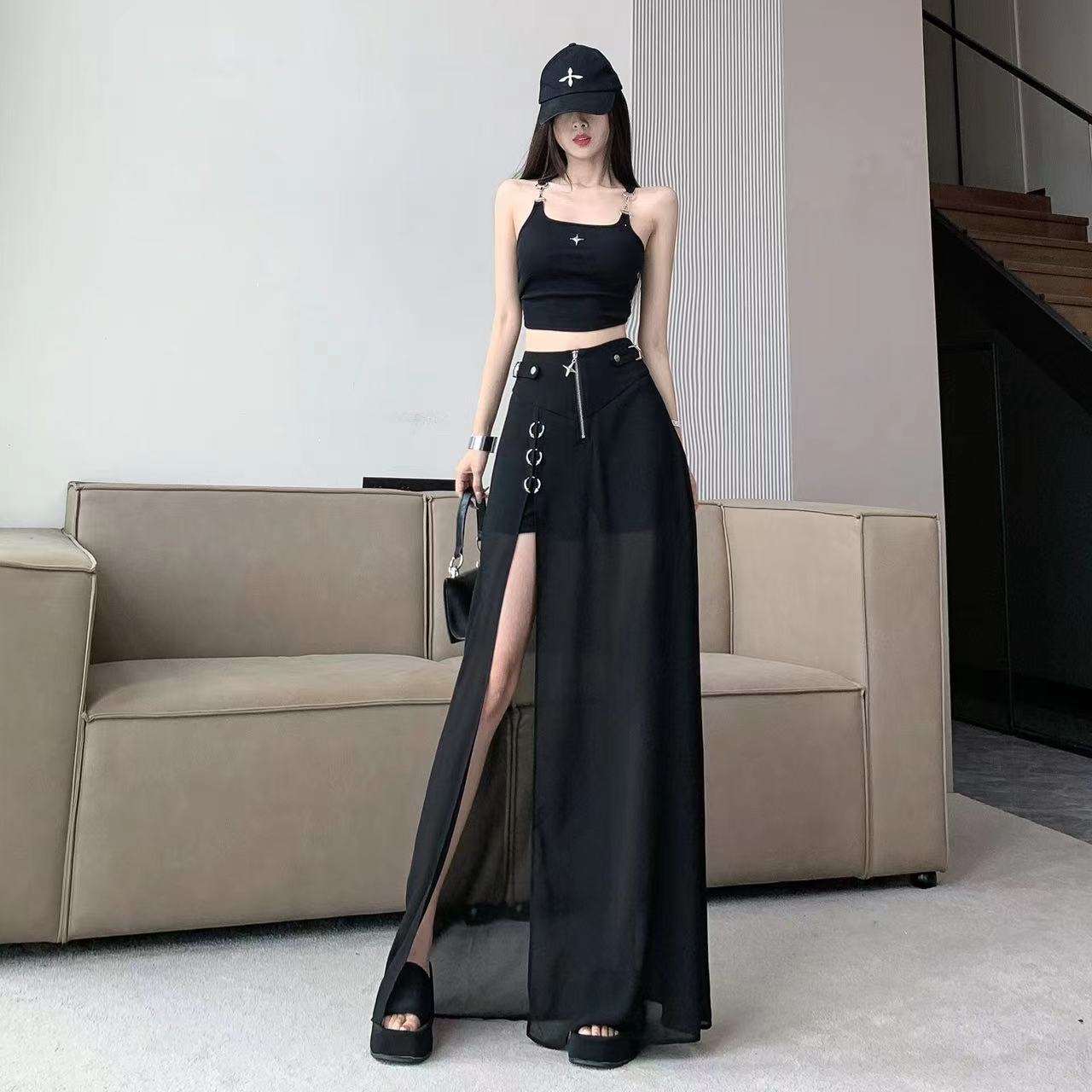 Hot Girl Metal Shorts Stitching Mesh Dress Women's Spring and Summer 2025 New High Waist Slimming Split Drain Long Dress for Women