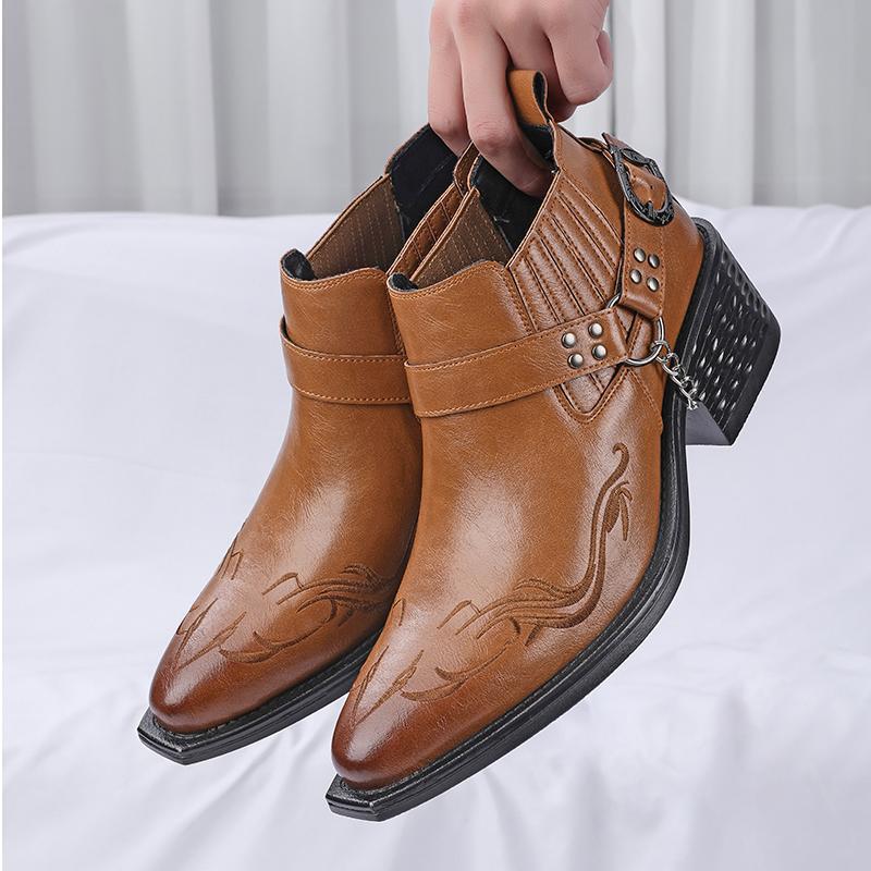 Cross-border large-size high-heeled party leather shoes, embroidered Cuban shoes, pointed-toe men's British business casual height-increasing Korean-style men's shoes
