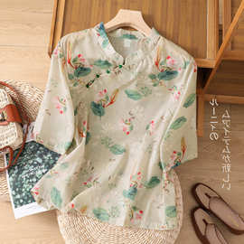 实拍 外贸 雅花旗袍上衣2025夏新款新中式棉麻上衣衬衫女