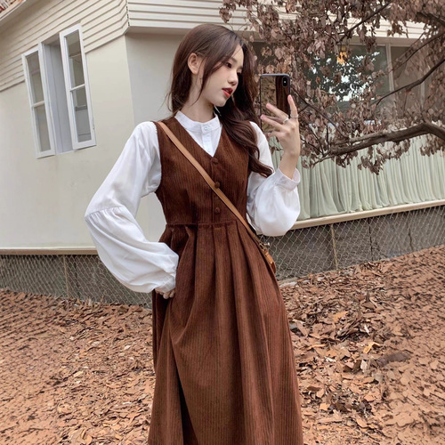 Corduroy Autumn Wear Sweet Mori-Style Mid-Length Waist-Slimming A-Line Dress with V-Neck and Suspenders Women's Suit Dress