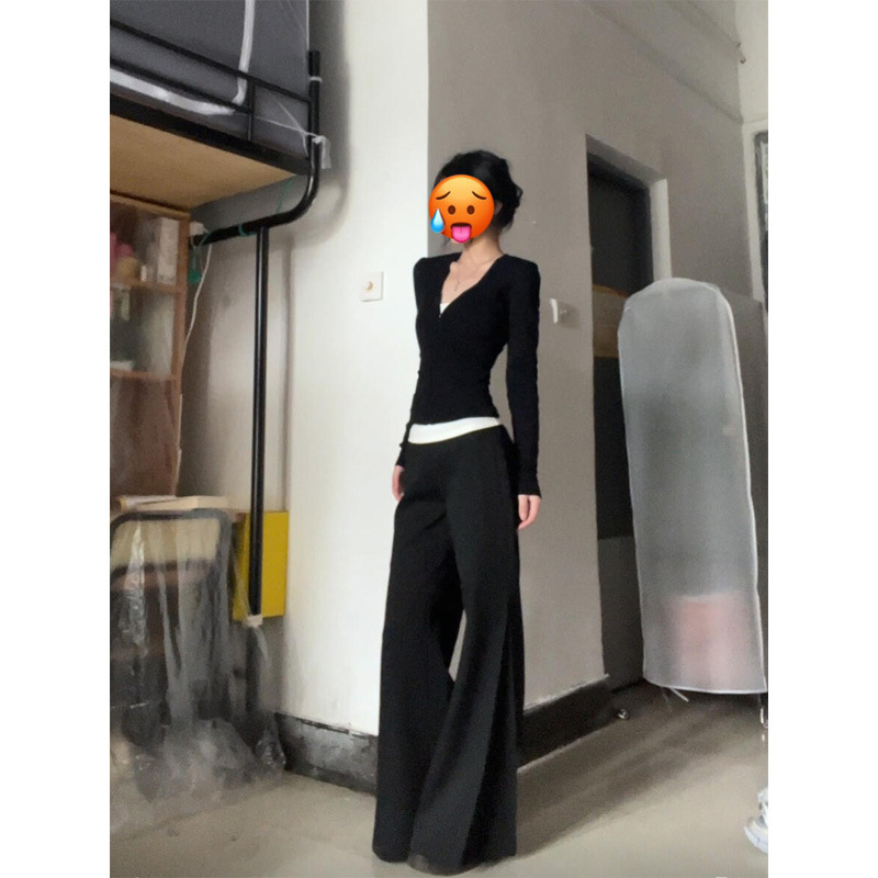 黑色修身假两件长袖上衣女2025新款巨好看正肩设计感绝美漂亮薄款|undefined