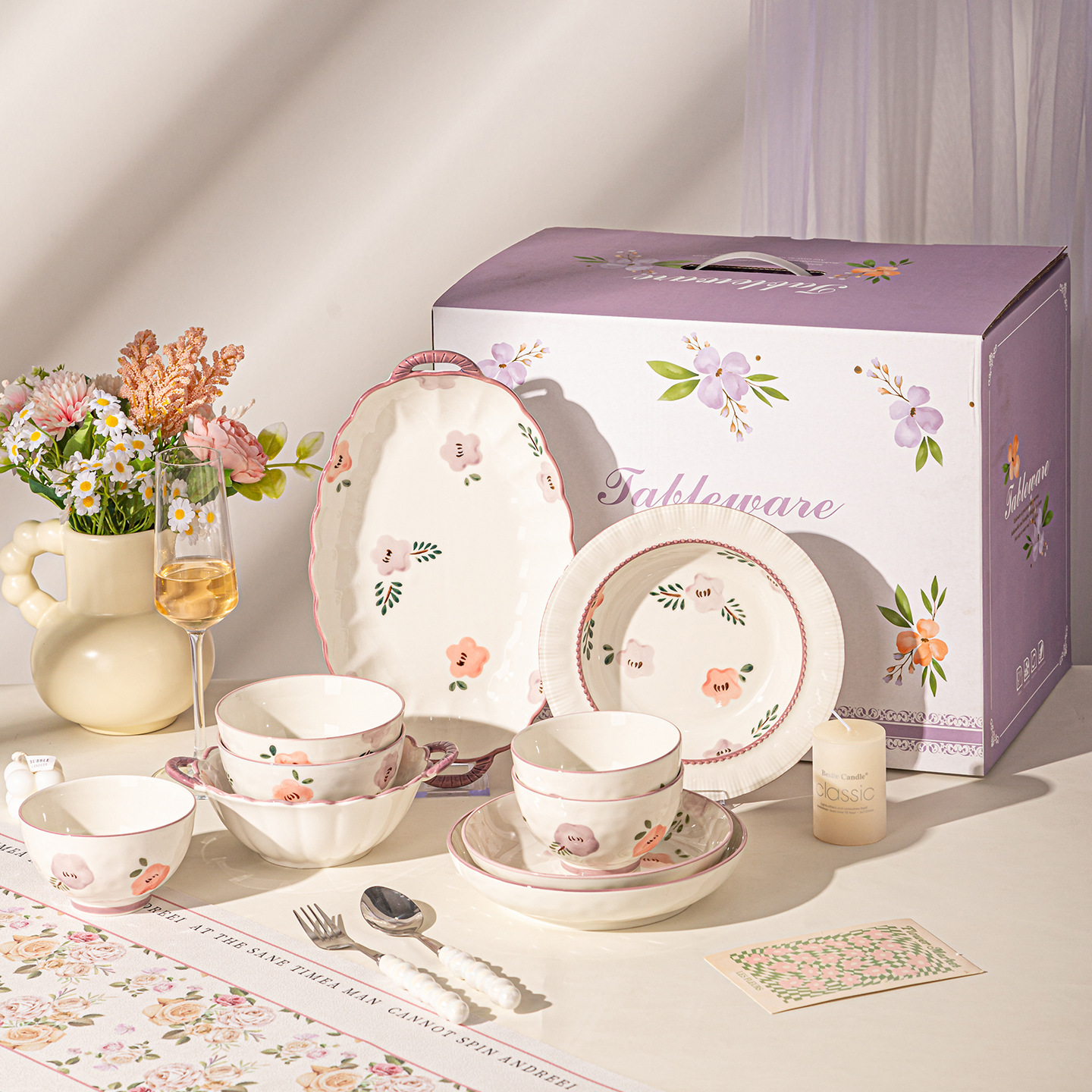 [Cross-Border] ZiXuan Flower High Value Face Bowl Ceramic Plates Under Color Plates Combination Regalo Bolos de sopa de orejas