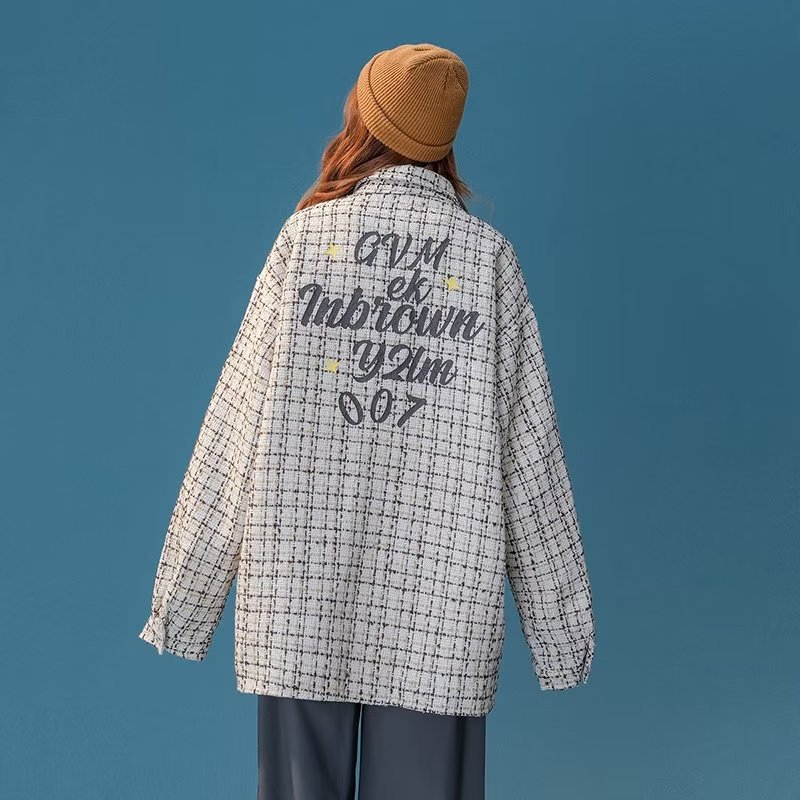 Chaqueta bordada de fragancia pequeña americana AHCN casual de todo fósforo, camisa suelta, blusa de otoño a cuadros tejidos de moda nacional de la calle