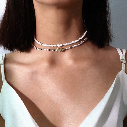 European and American foreign trade retro accessories, personalized simple abalone rice bead two-piece mixed color irregular rice bead necklace