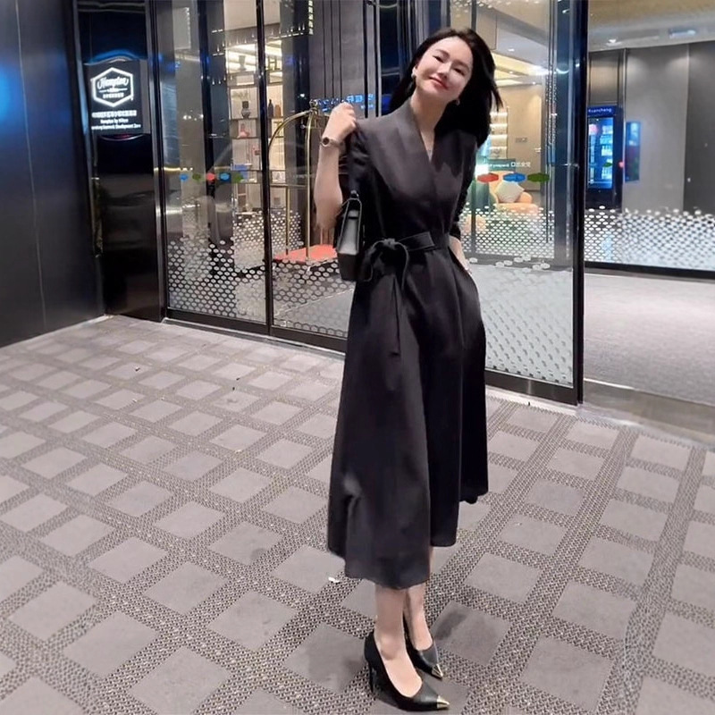 In Stock【6805】New Women's Autumn Long Dress V-Neck Waist-Cinching Slim-Fit Trench Coat Women's Long Dress