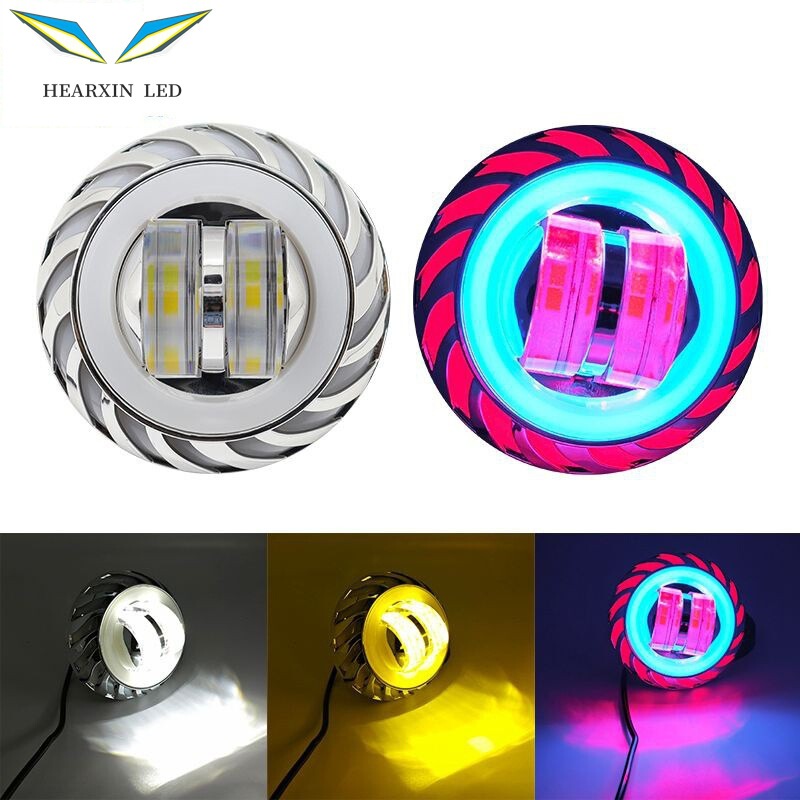 Turbo-style motorcycle LED spotlight, dual-color white and yellow, RGB angel eyes, colorful light rings, electric vehicle paving light Turbo-style motorcycle LED spotlight, dual-color white and yellow, RGB angel eyes, colorful light rings, electric vehicle paving light