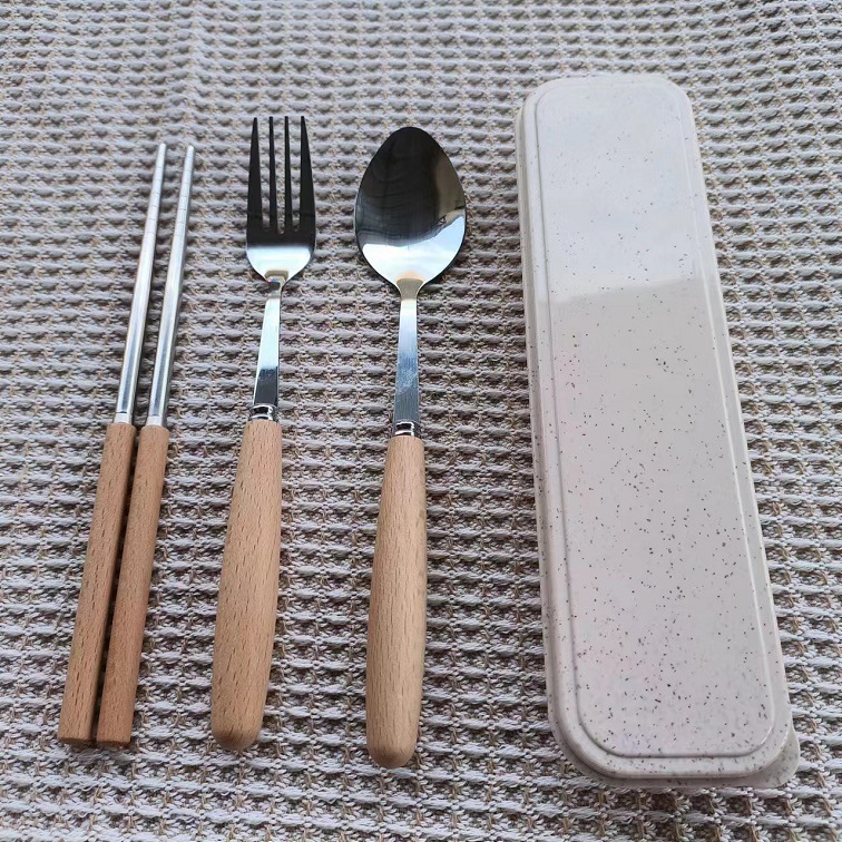 나무 손잡이 밥통 + 뾰족한 숟가락과 포크 젓가락