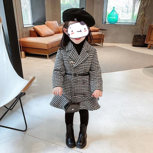 Girls' Houndstooth Plaid Western Style Waisted Thickened Woolen Coat  Autumn and Winter New Style Padded Girls Baby Coat