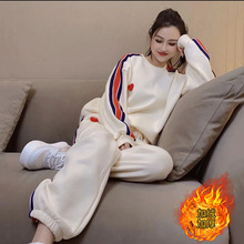 加绒加厚休闲套装高级两件套新款保暖宽松冬季大码女装拼接束脚裤