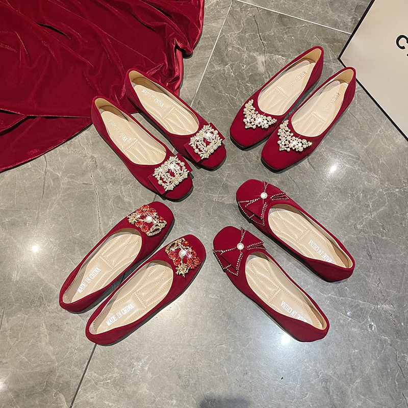 Xiuhe Red Non-slip Two-way Bridal Shoes Wedding Shoes Women's Flat Fashion Women's Shoes Shallow Mouth Pregnant Women's Shoes Wedding Dress Soft Bottom