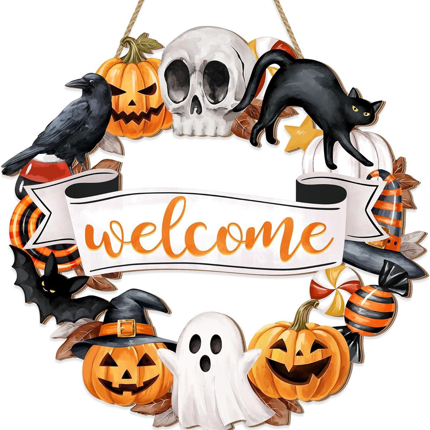 Cross-border Halloween corona de madera fantasma gato negro calabaza esqueleto puerta lista decoración fiesta de Halloween suministros de bienvenida