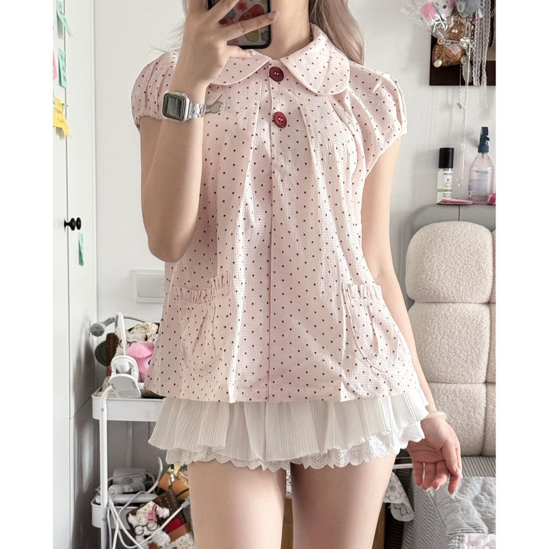 Sweet Girly Style Pink Polka Dot Doll Collar Short-Sleeved Shirt That Looks Slimming, Cute, Fresh and Versatile Sweet Girly Style Pink Polka Dot Doll Collar Short-Sleeved Shirt That Looks Slimming, Cute, Fresh and Versatile