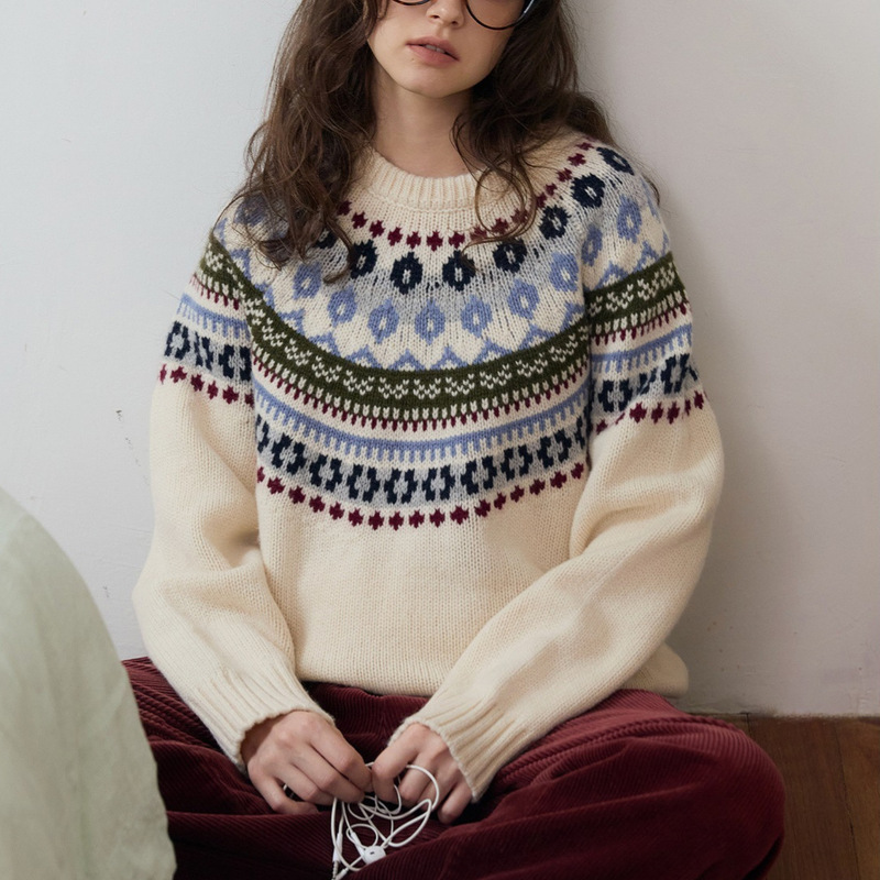 Wool Scandinavian Fair Isle Crew Neck Sweater 2025 Autumn and Winter New Casual Versatile Comfortable Sweater
