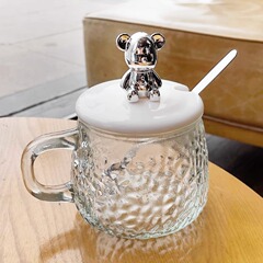 High-quality small bear glass coffee mug Instagram office water cup gift with handle flower tea cup