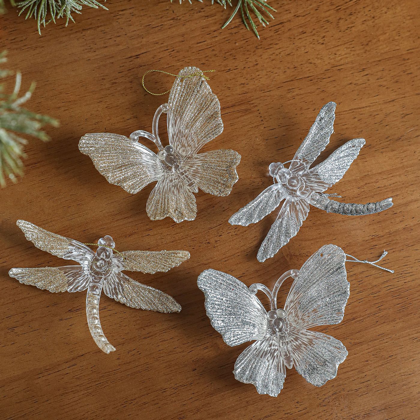 Nuevo acrílico mariposa de plástico libélula polvo transparente colgante decoración colgante árbol de Navidad decoración decorativa escena de vacaciones