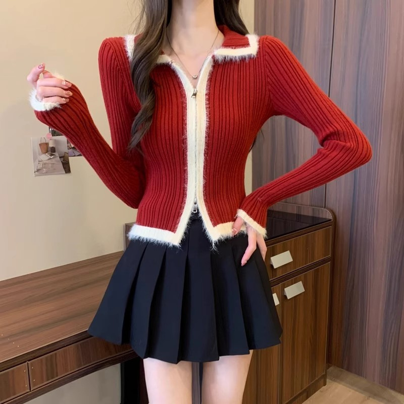 Christmas Wear New Year Red Polo Collar Zipper Contrast Color Knitwear Women's Long Sleeve Jacket Sweet Spicy Mao Mao Top Christmas Wear New Year Red Polo Collar Zipper Contrast Color Knitwear Women's Long Sleeve Jacket Sweet Spicy Mao Mao Top