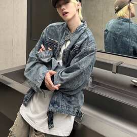 春秋复古做旧水洗金属装饰设计感牛仔夹克男美式机车痞帅无领外套