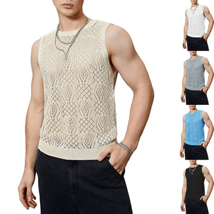 Summer New Men's Knitted Hollow Breathable Men's Vest Round Neck Casual Men's Sleeveless Top Cool Men's Clothing