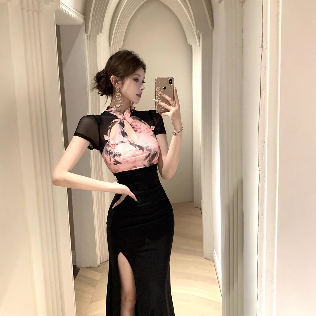 4193跨境外贸女装新中式性感印花拼接旗袍连衣裙开叉包臀裙长裙