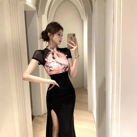 4193跨境外贸女装新中式性感印花拼接旗袍连衣裙开叉包臀裙长裙