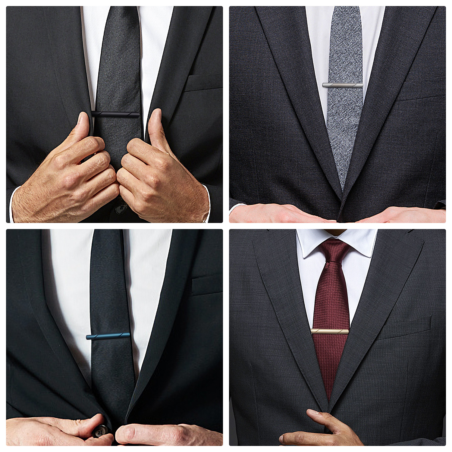 Set di quattro fermacravatte di alta gamma Dai Li in twill lucido francese, nei colori oro, argento, blu e nero K37_voghion.com