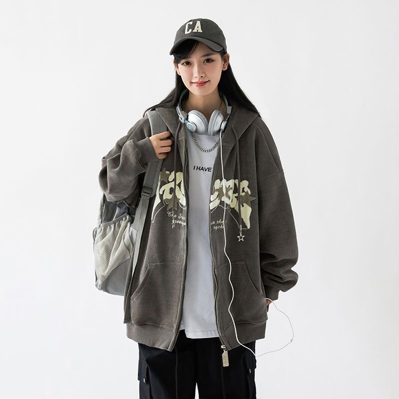 American Style Vintage Corduroy Hooded Sweater Jacket Women's Spring Autumn Autumn Winter Design Sense Niche Thickened Zipper Cardigan