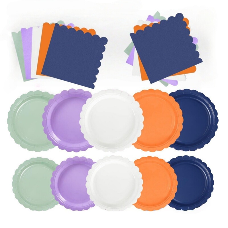 Solid Color Lace Series Party Tableware Set Simple Disposable Birthday Wedding Celebration Paper Cups Paper Plates Paper Napkins