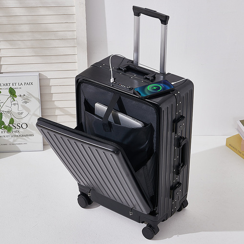 Multifunctional Aluminum Frame New Password Box Front Opening Luggage with 20-inch Swivel Wheels, Male and Female Travel Suitcase