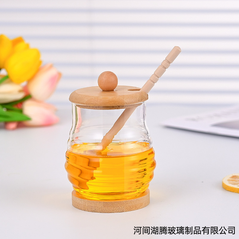 スプーン付き木製ハニージャー 500 ミリリットル高ホウケイ酸蜂蜜保存瓶ラウンド密封保存瓶ガラス蜂蜜瓶|undefined