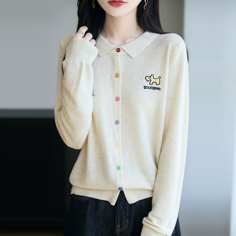 【厂家直供】翻领彩扣开衫毛衣外套女秋季新款宽松刺绣减龄针织衫|undefined
