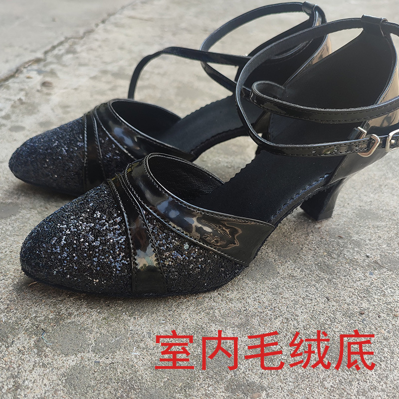 Nuevos zapatos de baile latino adultos mediados talón zapatos de baile de fondo suave zapatos de baile de las mujeres zapatos modernos de baile cuadrado flash lentejuelas de oro