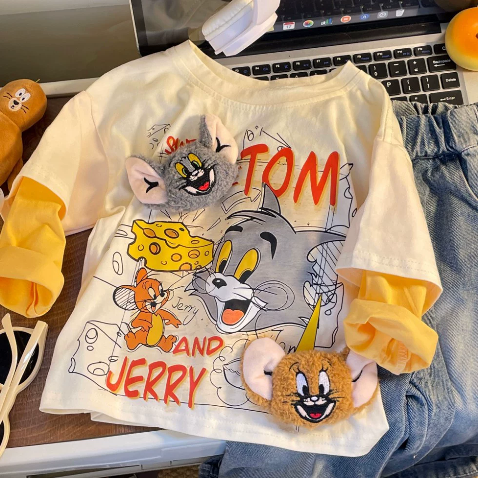 Футболка с длинным рукавом для мальчиков, хлопок, 3D Tom & Jerry, демисезон, бежевый