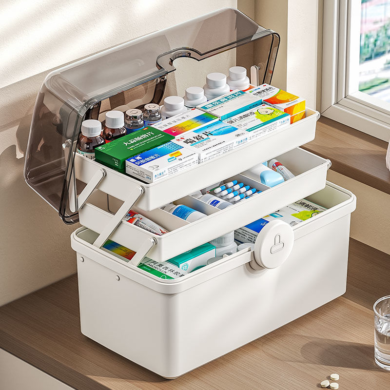 Caja de medicamentos multicapa casera, caja de almacenamiento de clasificación de medicamentos, caja médica casera de medicamentos de emergencia para niños de gran capacidad